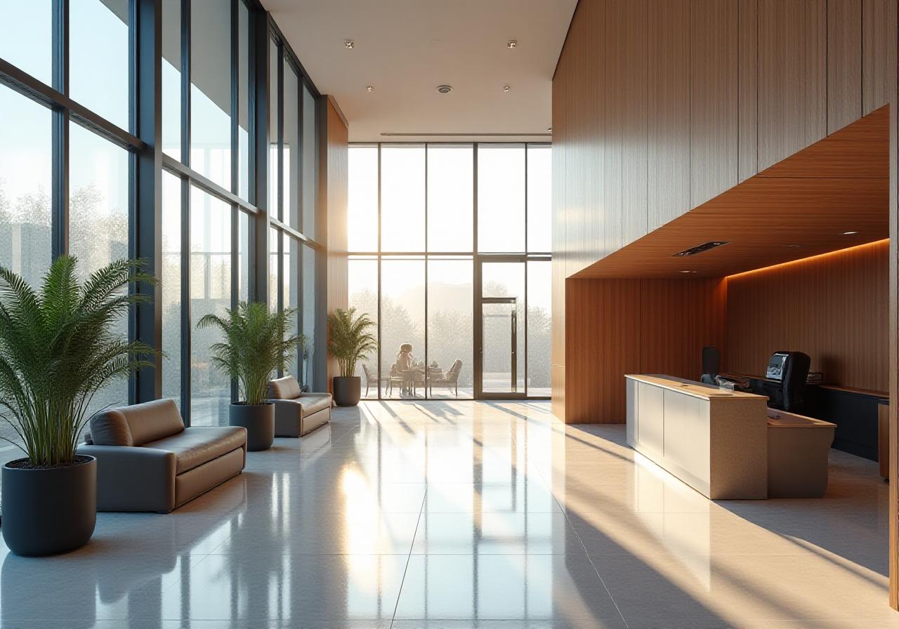 Modern commercial interior with glass and light